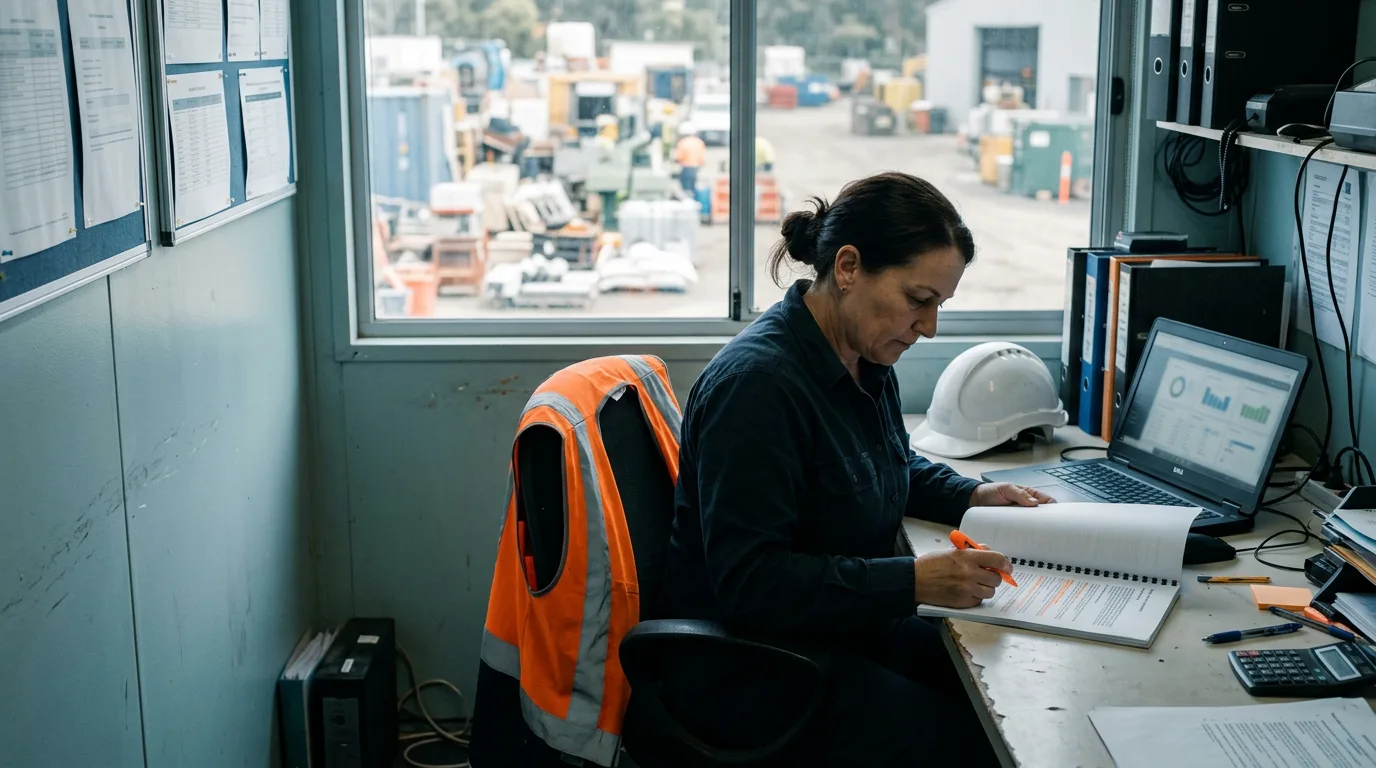 A WHS lead working through documentation in a site office