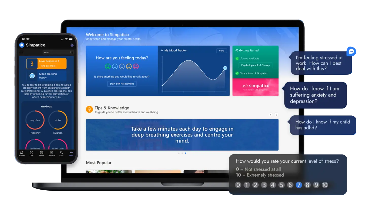 The Simpatico employee hub, showing a private check-in and support options